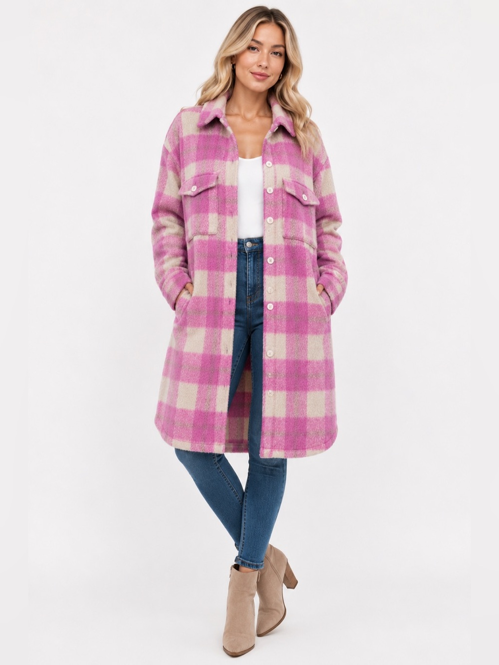 billitodu Pink Plaid Fuzzy Longline Shacket Coatigan - SIZE S (OVERSIZED)
